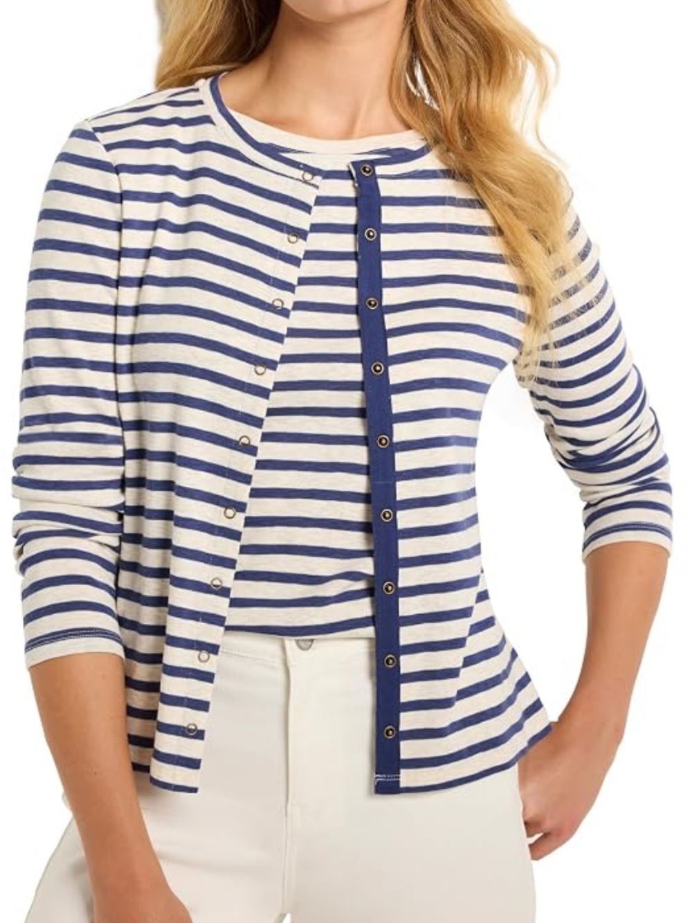 NZT Petite Small NWT Striped Button-Front Long Sleeve Top - White & Navy